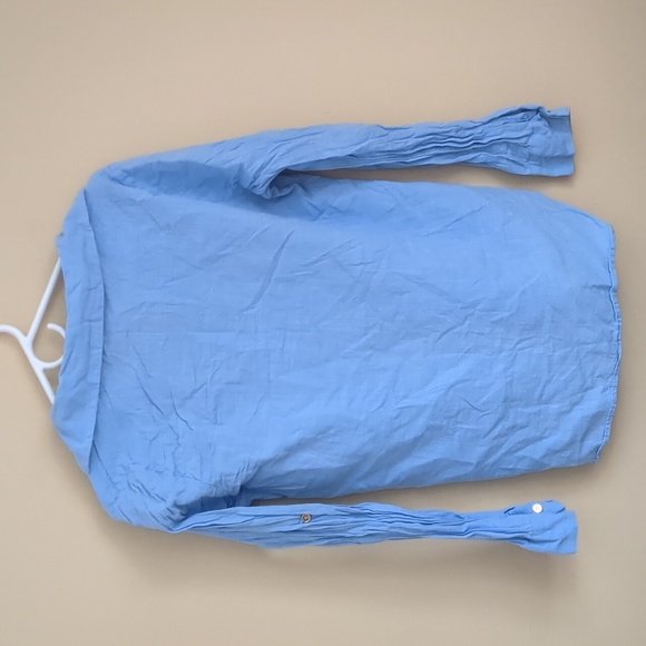 Large Blue Shein Shirt Roll Tab Sleeves Collared Button Up Gold Buttons - Picture 10 of 14